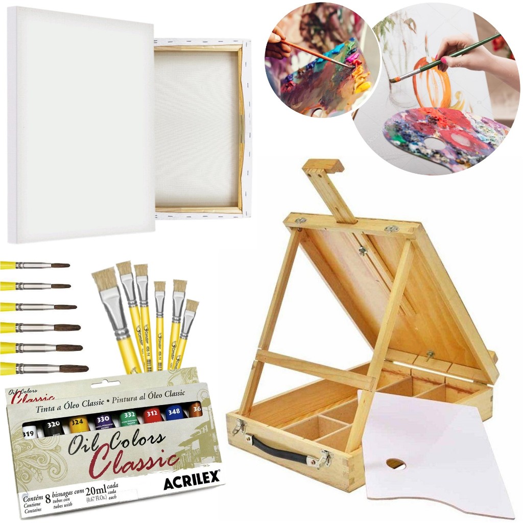 Kit Pintura Maleta Cavalete, 8 Tintas, 12 Pinceis + 2 Telas