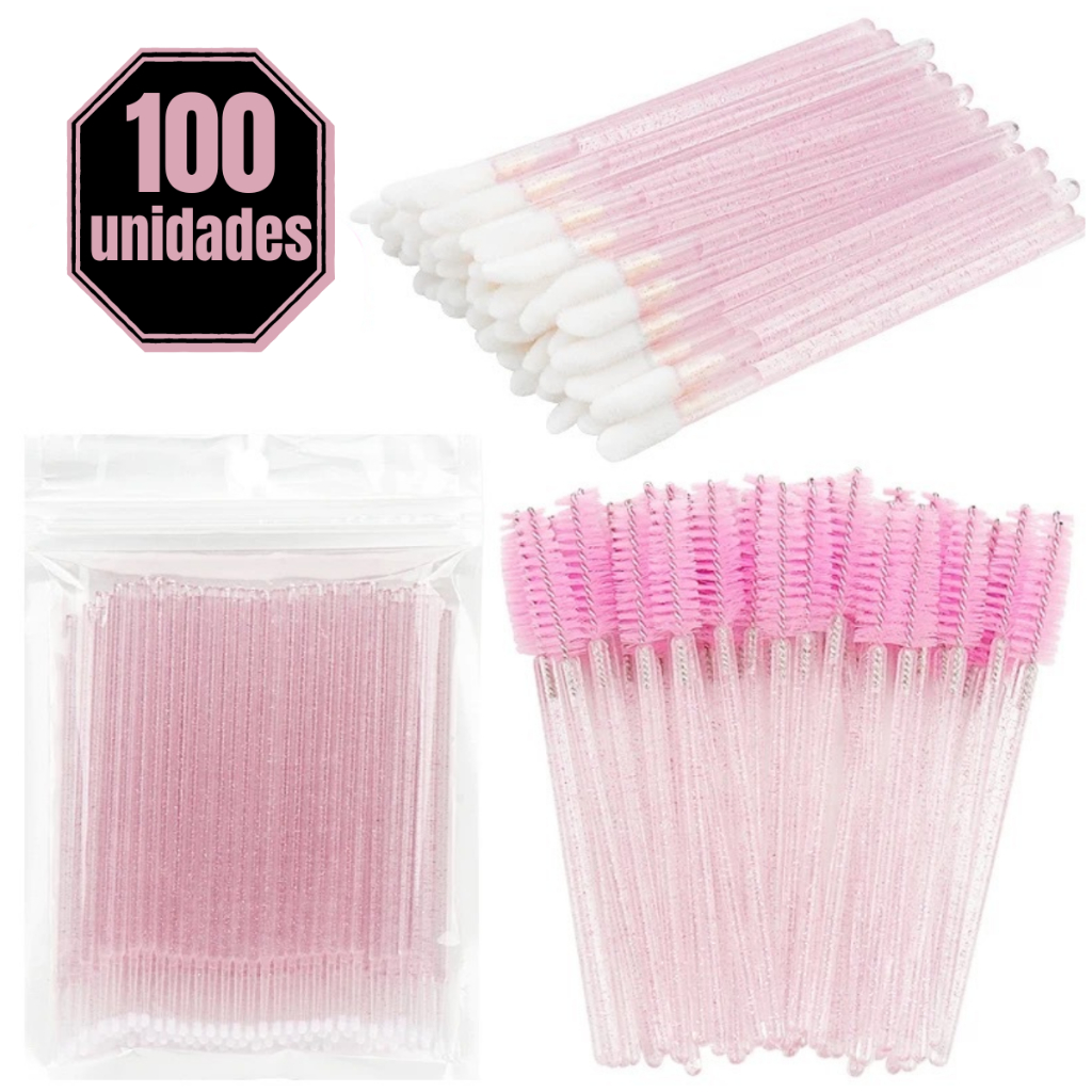 Kit 100 Escovinhas + 100 Microbrush + 100 Aplicador de Batom Alongamento de Cílios em Oferta na Shopee
