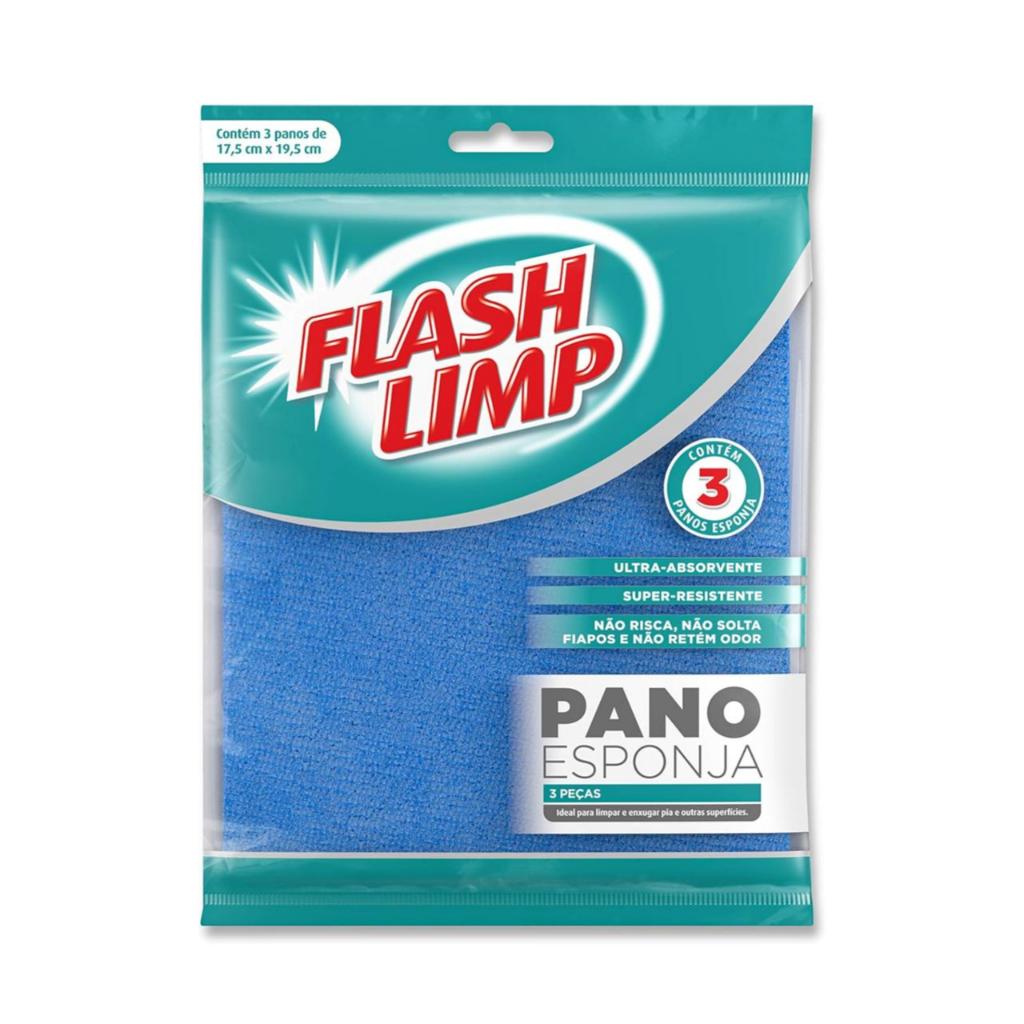 PANO ESPONJA 3 UNIDADES FLASH LIMP - LIMPA COMO PANO E ABSORVE COMO ESPONJA