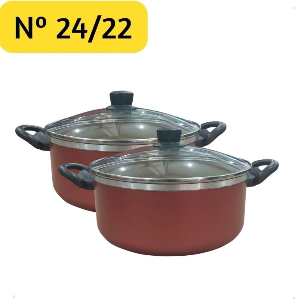 Kit Jogo Panelas Caçarolas 02 Peças TAMANHO GRANDE 22 e 24 cm Antiaderente 5 Camadas De Teflon Cor Vermelho Cereja