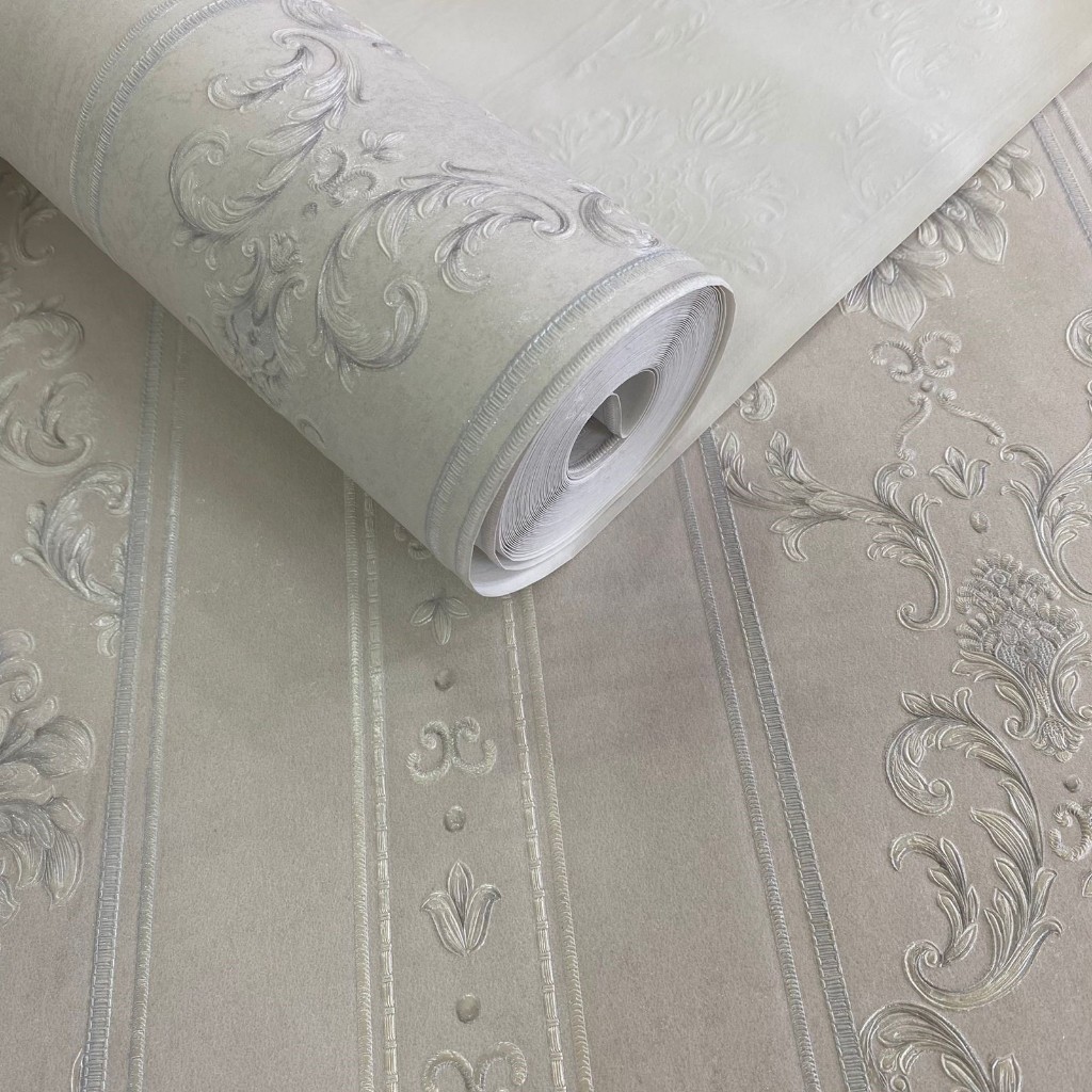 Papel de Parede Arabesco Cinza ou bege com dourado listras e arabesco elegante para sala e quarto