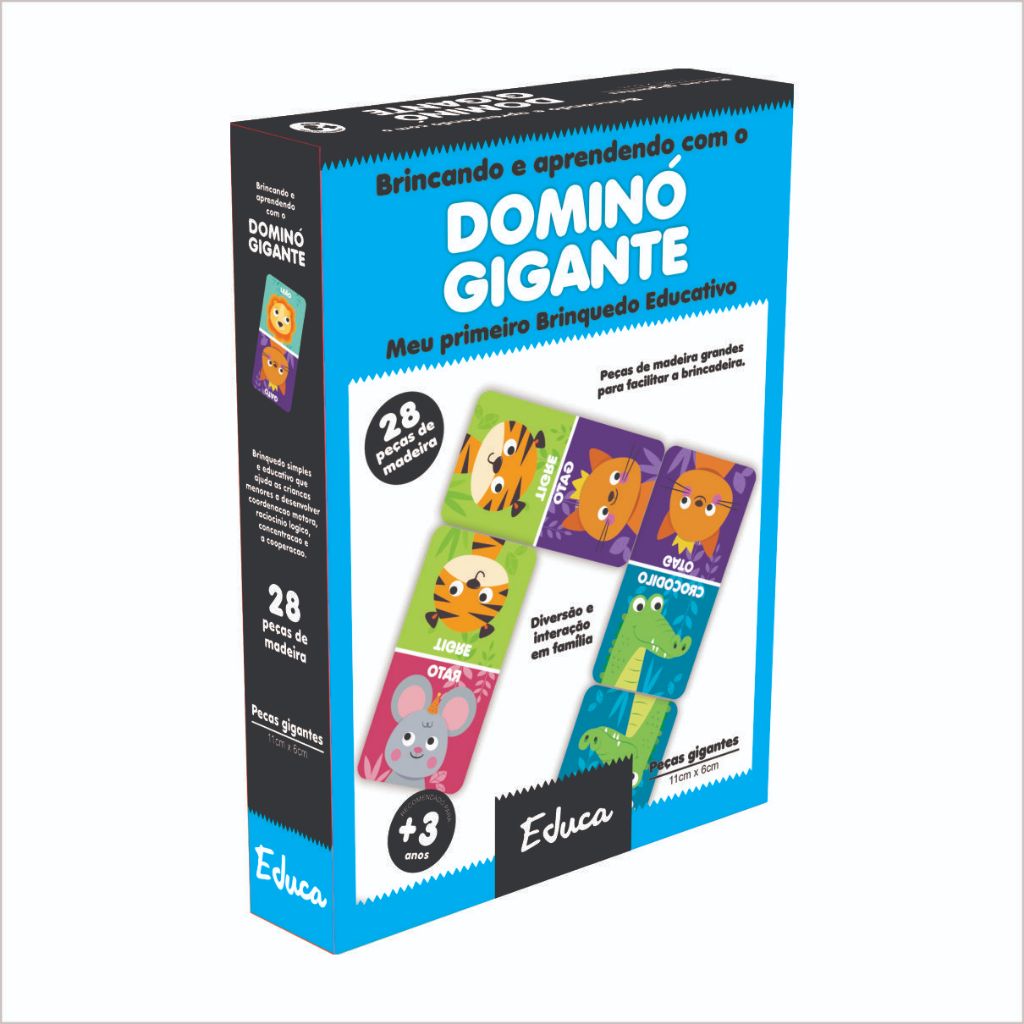 Dominó Gigante Brinquedo Educativo Jogo Animais Madeira Pedagógico Didático Infantil