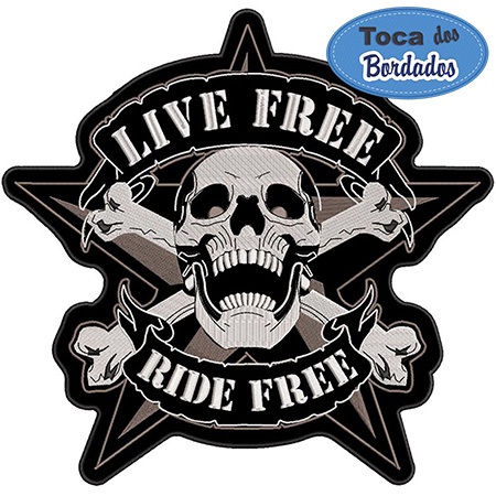 Patch Bordado Caveira Live Free Ride Free Grande 29x29 cm Cód.1196 - Fixação Costura