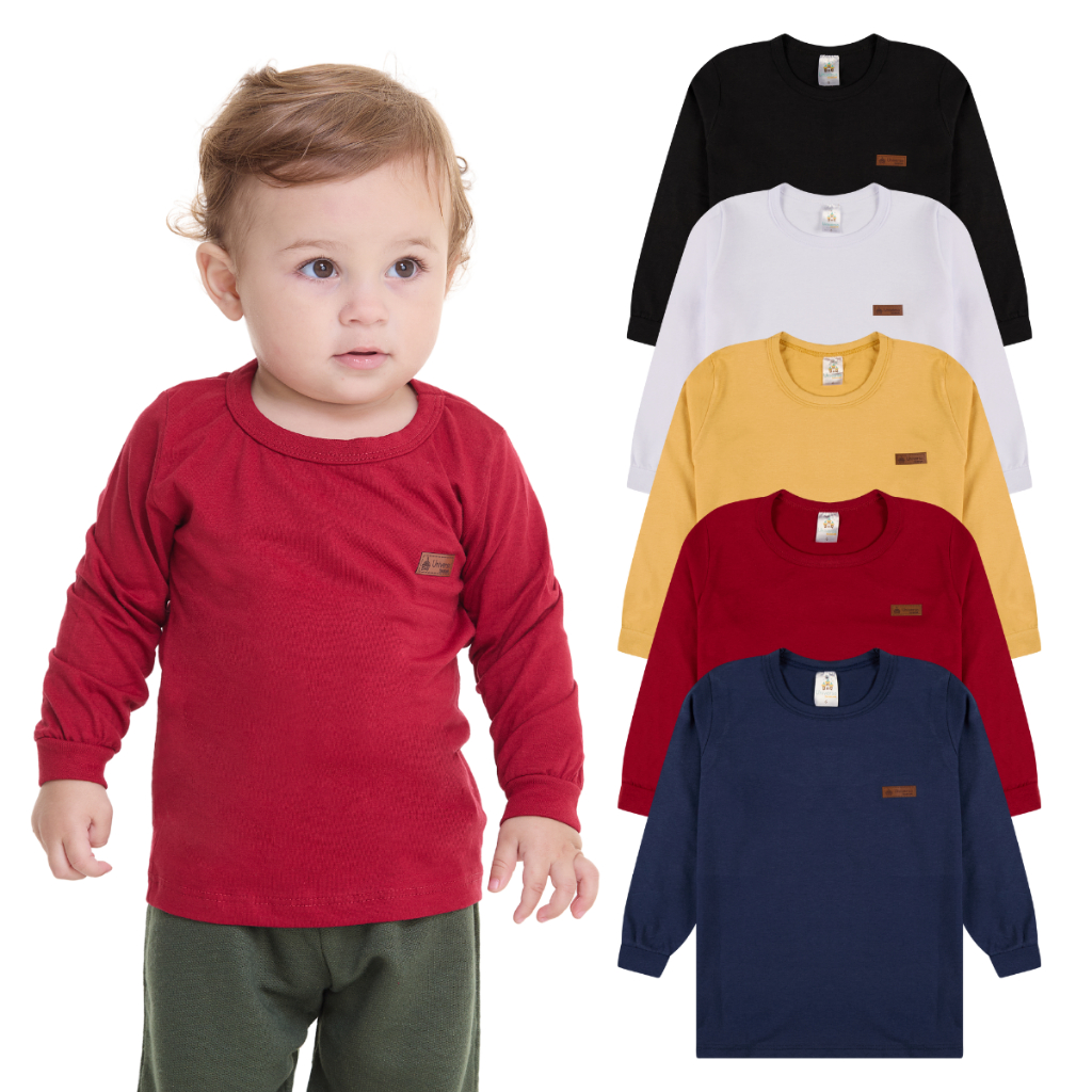 Kit 3 Camisetas Manga Longa Infantil Bebê Menino Básica Lisa Tamanho 2 ao 10 em Oferta na Shopee