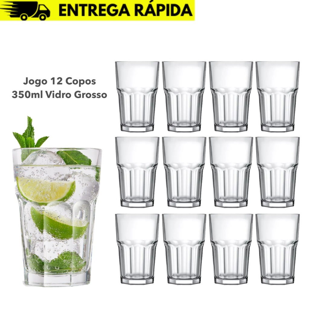 Conjunto Jogo 12 Copos Bristol Long Drink 350ml Vidro Grosso Bar Restaurante Buffet