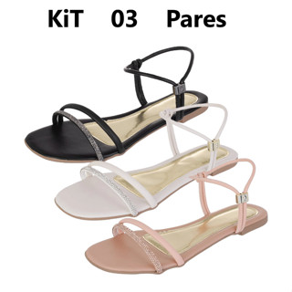 Sandália Rasteira Feminina Rasteirinha com Brilho Confortável kit 03 pares em Oferta na Shopee