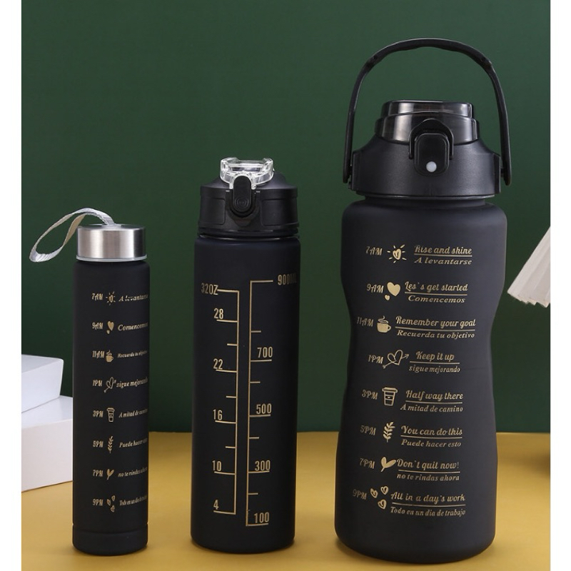Kit 3 Garrafas de Água Squeeze Motivacional Com Adesivos e Emblemas com 300ML 900ML 2000ML Garrafa