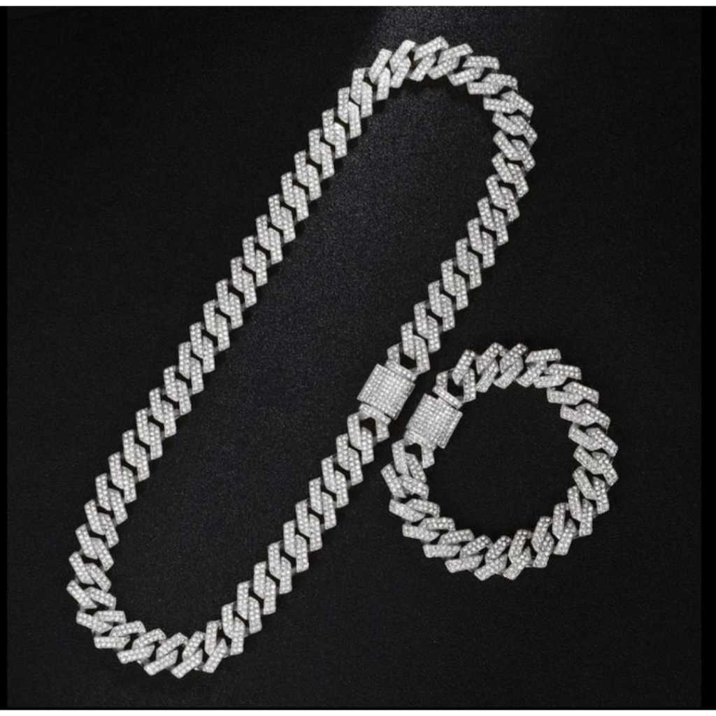 Colar Ice Diamante Cravejado Conjunto 2pçs Corrente + Pulseira médias correntes 45 cm 50 cm 60 cm