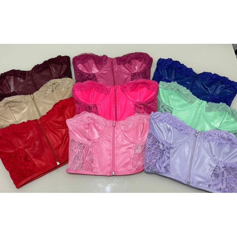 corselet zíper cropped detalhe de renda tendência tomara que caia sem alca moda blogueira em Oferta na Shopee