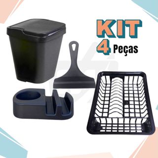 Kit Cozinha PRETO Porta Detergente / Rodo de Pia / Lixeira + Escorredor de Louça Area Gourmet em Oferta na Shopee