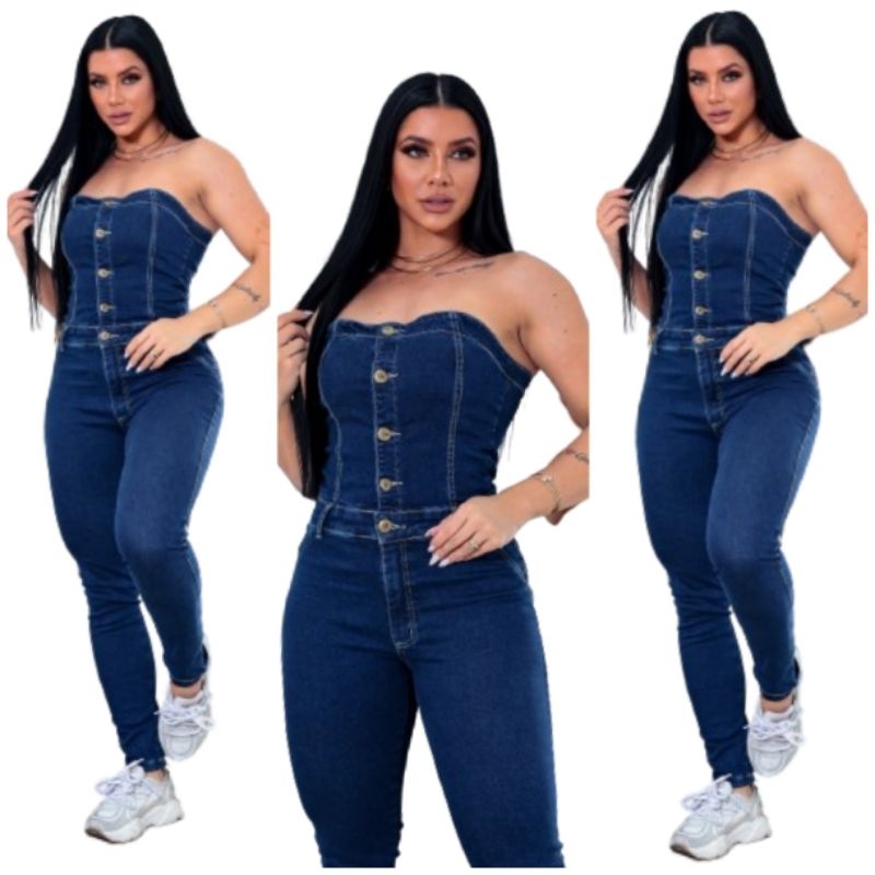 Macacão Jeans Feminino Tomaraquecaia Lycra Modelador