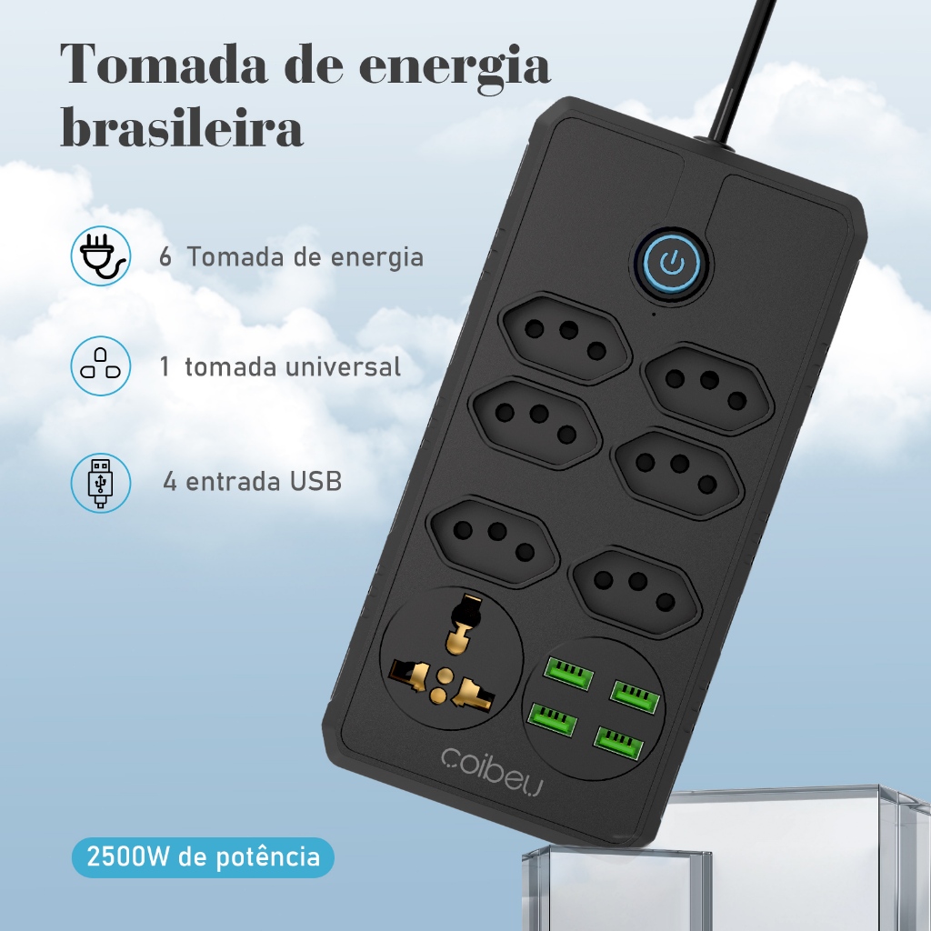 COIBEU Extensão 6 Tomadas 4 USB 1 Tomada Universal Bivolt Power 110v/220v 10A 2m  5m WKC-614 em Oferta na Shopee