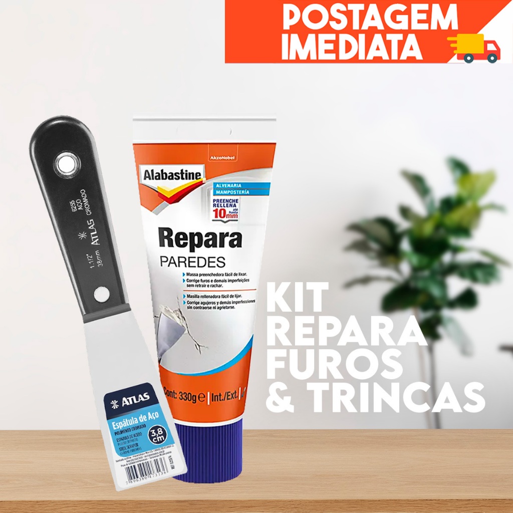 Kit Reparo Paredes 330g Alabastine + Espatula de aço 3,8cm atlas - tapa trinca, rachaduras e furos