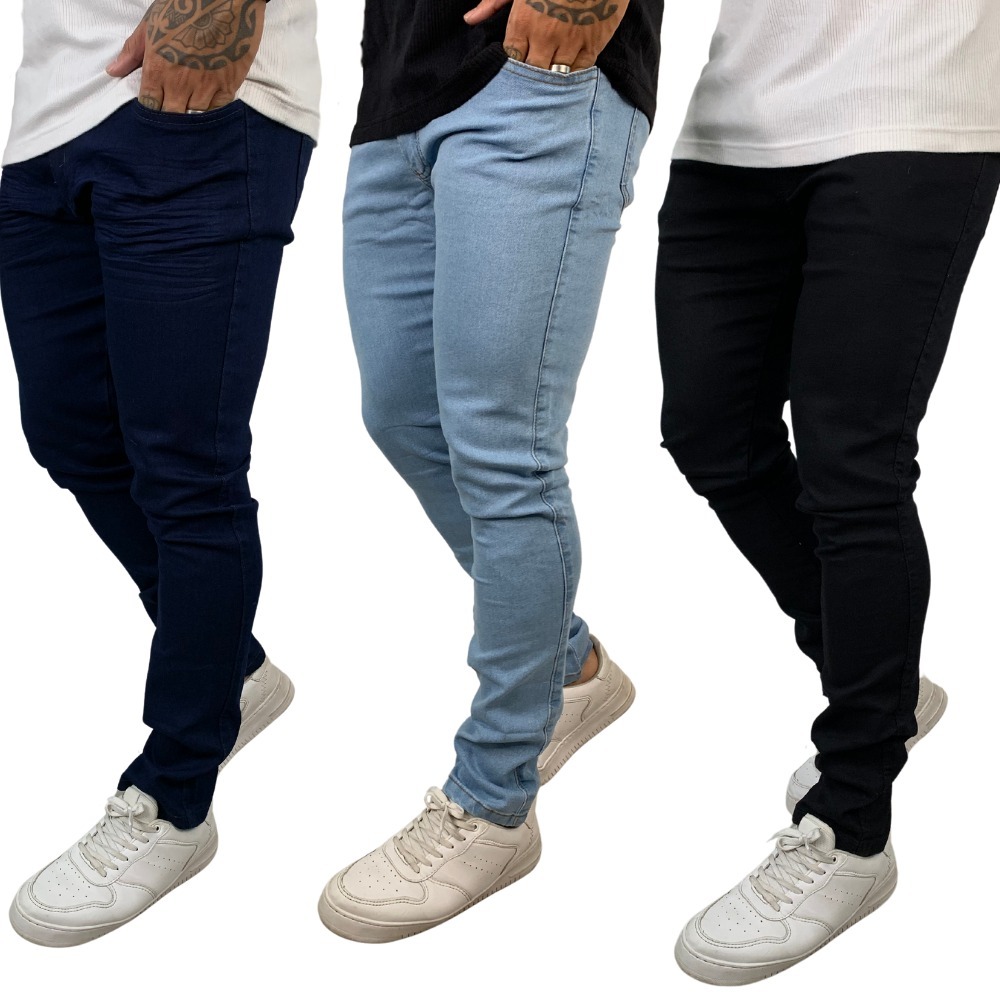 Kit Calças Jeans Masculina Super Skinny Corte tradicional Basico Lavagem Clara Escura e Preta