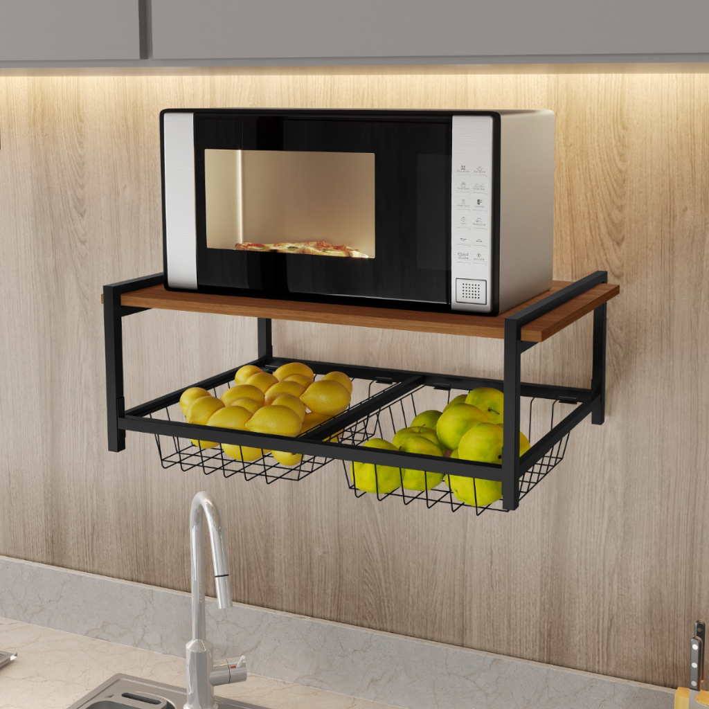 Fruteira De Parede Com 2 Cestos Aço Estilo Industrial Preto Suporte Microondas Resistente ...