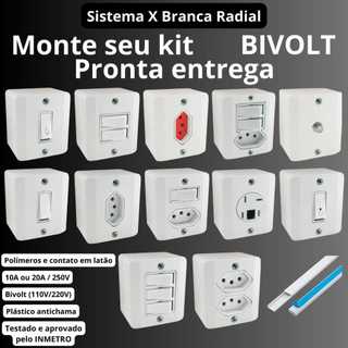 Tomada e Interruptores 10A e 20A Sobrepor Sistema X Branco Radial Tomada 10A Tomada 20A Interruptor