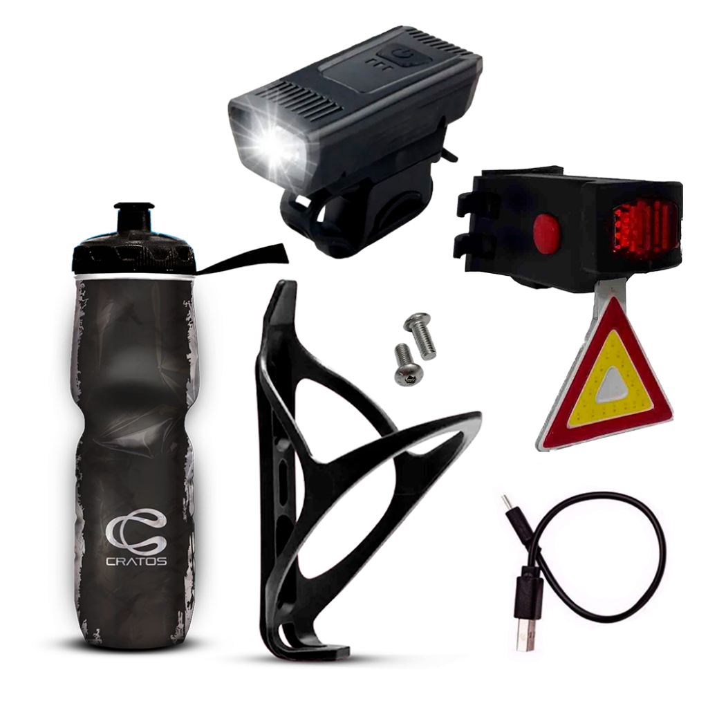 Kit Garrafa Térmica Bike Cratos + Suporte Joy + Farol Dianteiro + Sinalizador Traseiro Triângulo