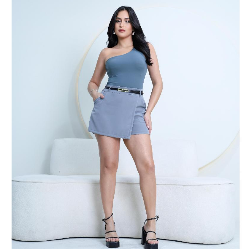 Short Saia Alfaiataria Feminino Con Cinto Cintura Alta Bolsos Lateral e Moda Verão