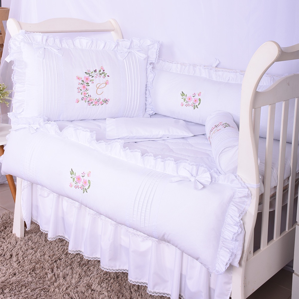Kit Berço Personalizado Menina Cecília Branco/Floral - 08 Peças