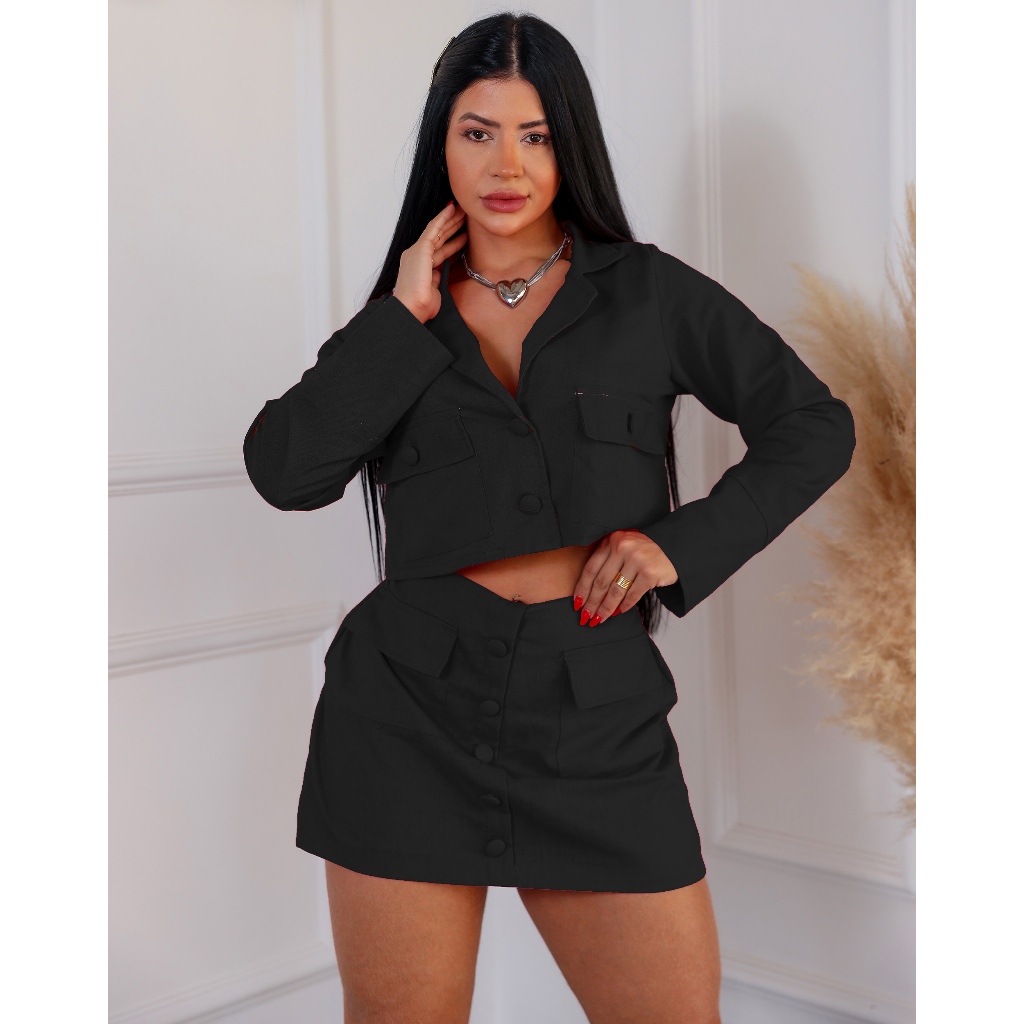Conjunto Feminino em Linho Short Saia e Blusa Manga Longa Botões Forrados