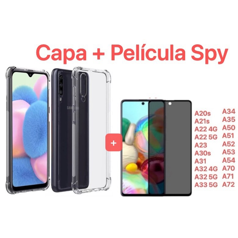 Kit 2em1 Para Samsung Capinha Anti-Impacto + Película A20s/A21S/A22 /A23/A30S/A31/A32/A33/A34/A35/A50/A51/A52/A53/A54/A70/A71/A72/A73