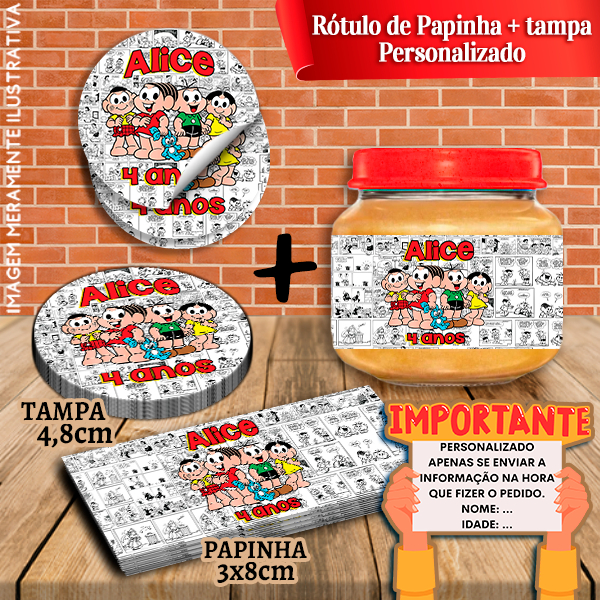 Kit com 10 Rótulos Adesivos de Potes e Tampas de Papinha 170g ou 120g  Turma da Mônica