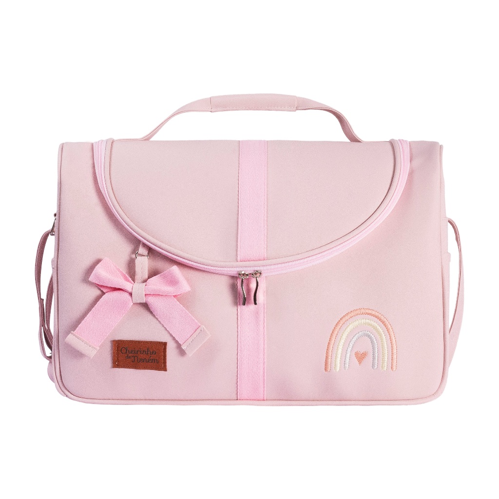 Bolsa Maternidade M Rosa Arco Íris Bordado Com Laço Decorativo - Cheirinho de Neném