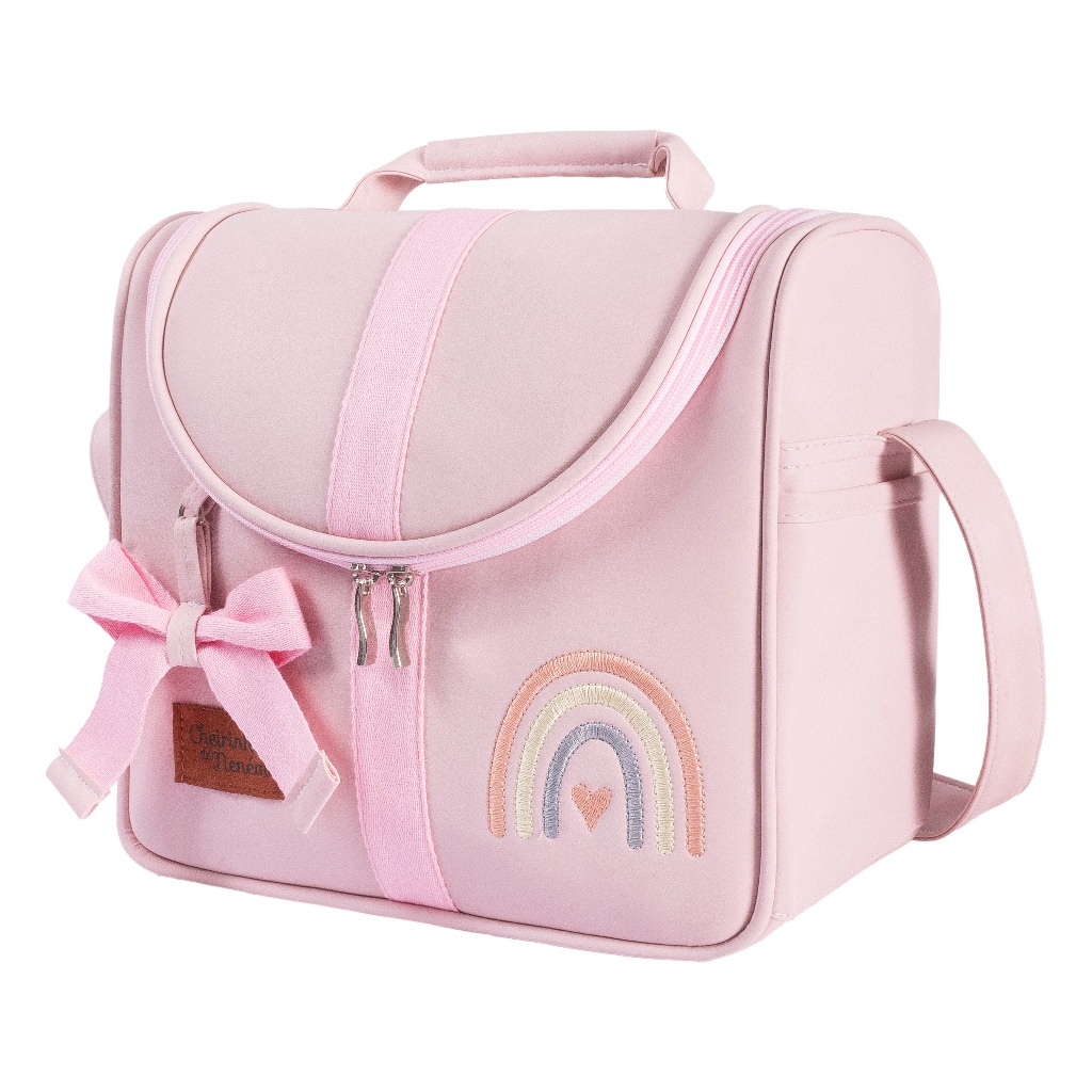 Bolsa Maternidade Menina Frasqueira Térmica Rosa Arco Íris Bordado Envio Imediato