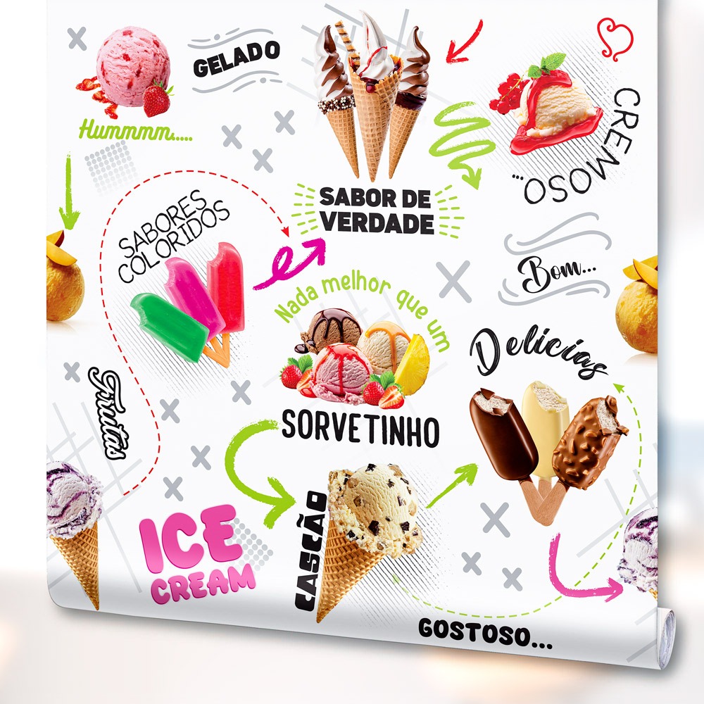 Papel de Parede Adesivo Lavável Sorvete de Massa Picolé Decoração Sorveteria Recepção Balcão Branco