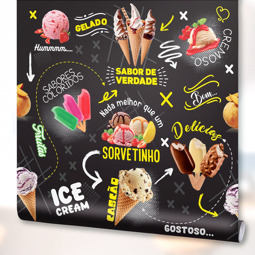 Papel de Parede Adesivo Lavável Sorvete Picolé Decoração Sorveteria Recepção Balcão Preto