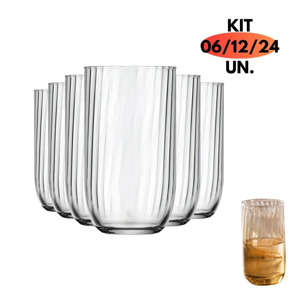 Kit Jogo 06/12/24 Copo Vidro Listrado 315ML Fiori Long Drink Transparente Alto Buffet Restaurante