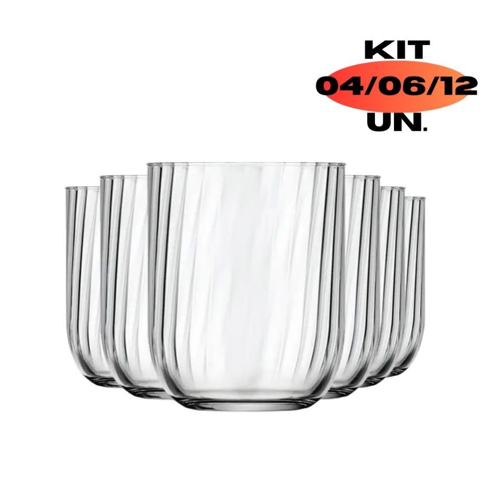 Conjunto 04/06/12 Copos 300ML Transparente Fiori Rocks Vidro Listrado Wisky Dose Campari Buffet