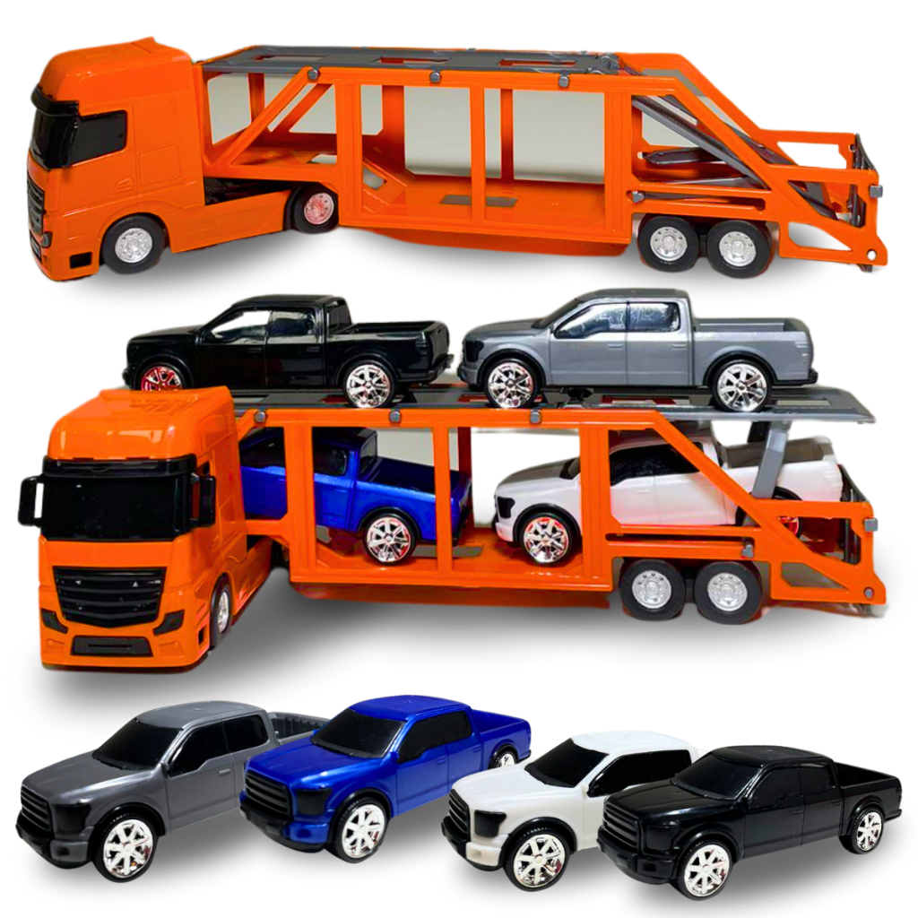 Caminhão Cegonheiro com 4 Carrinhos pick-up Brinquedo infantil Carrinhos pick-up Roma Brinquedos Carreta transportadora Jogo de carrinhos Brinquedo educativo Carretinha com carros Carreta de brinquedo Veículos em miniatura Brinquedo de transporte Presente