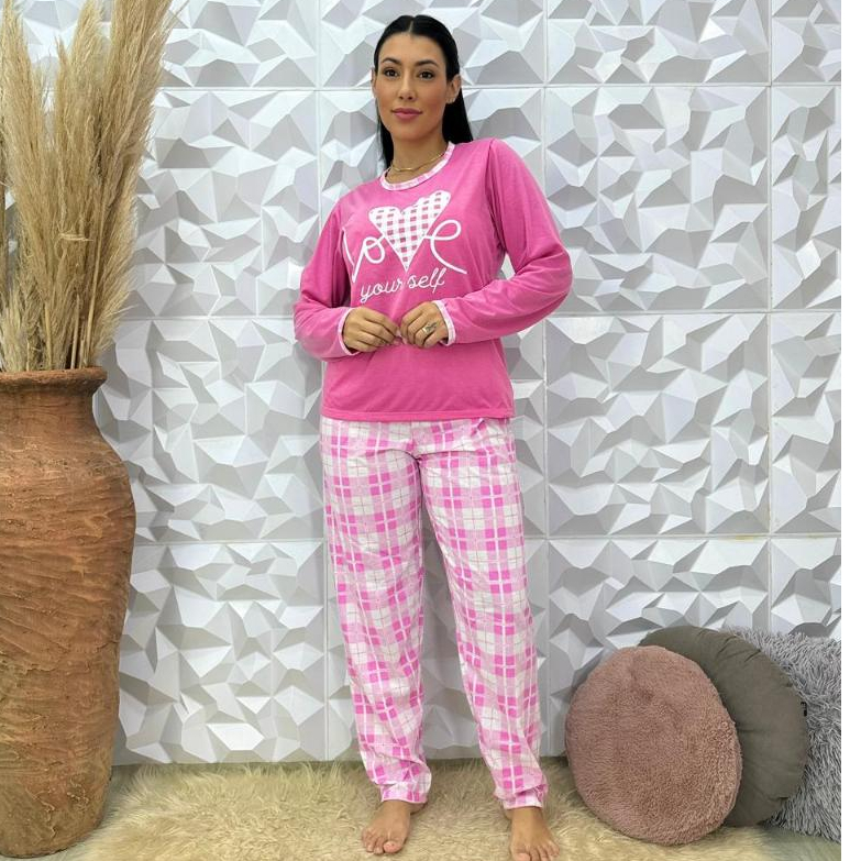 Pijama FB Malha Premium Reforçada Feminino Manga Longa e Calça Inverno em Oferta na Shopee