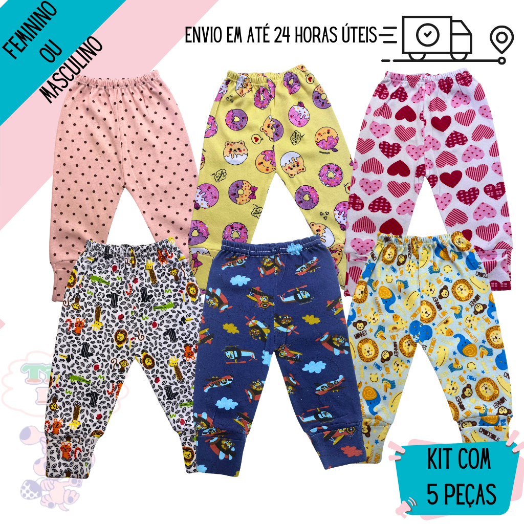 kit 5 peças mijão estampado 100% algodão vira pé