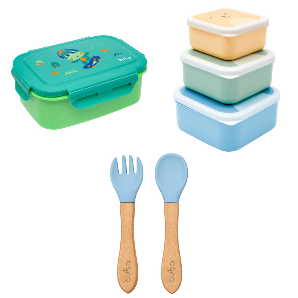Kit Hora do Lanche Infantil Dino com Bento Box, Potinho Gumy Azul e Talher em Silicone com Cabo de Bambu Azul