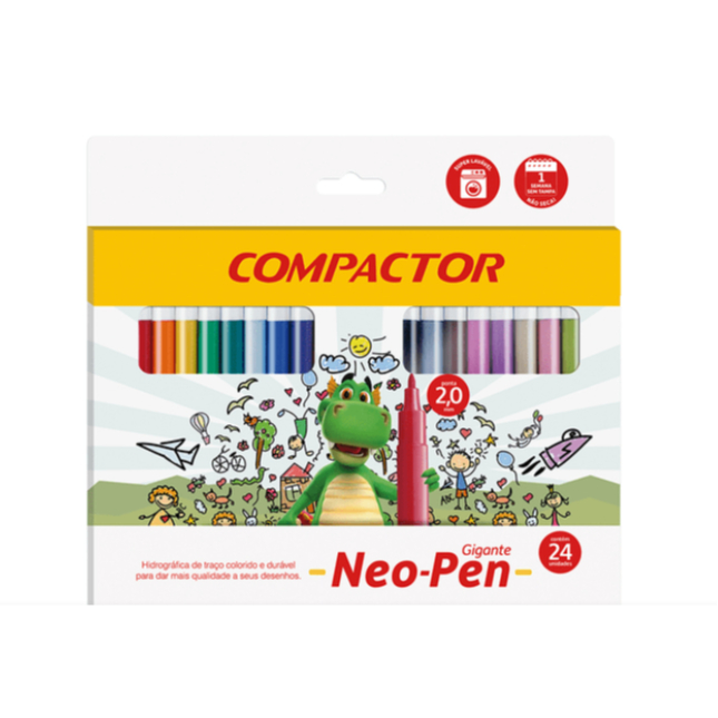 CANETINHAS HIDROCOR NEO PEN GIGANTE 24 CORES PONTA 2MM - COMPACTOR em Oferta na Shopee