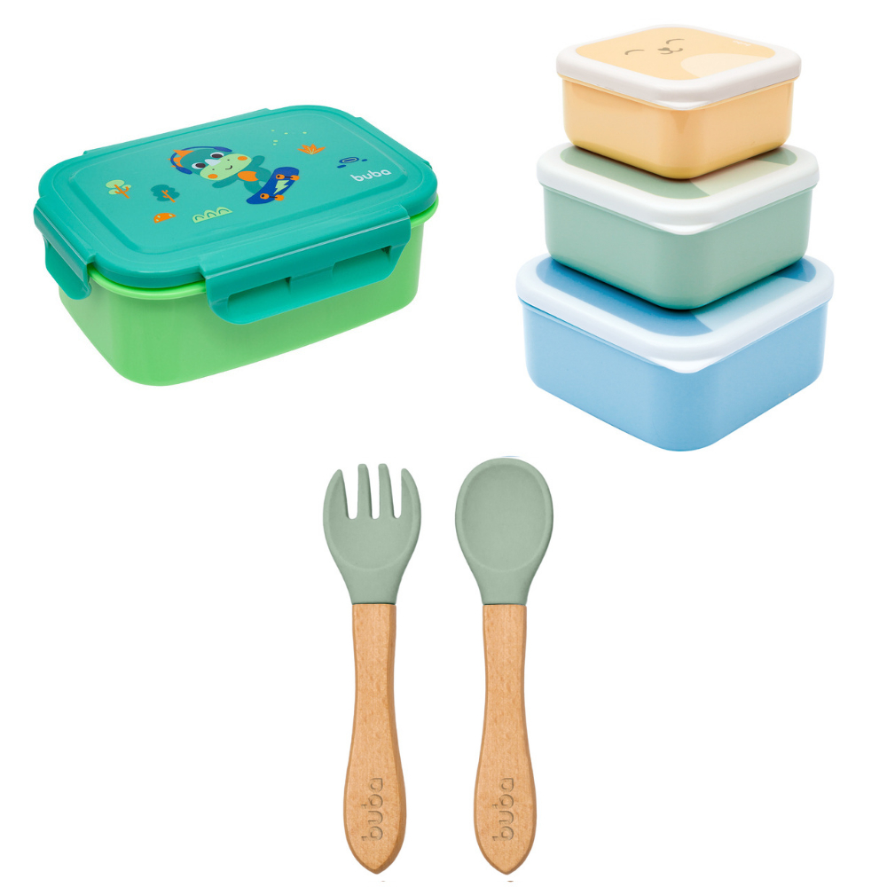 Kit Hora do Lanche Bento Box Dino com Potinho Gumy Azul e Talher em Silicone Verde com Cabo de Bambu Verde Buba