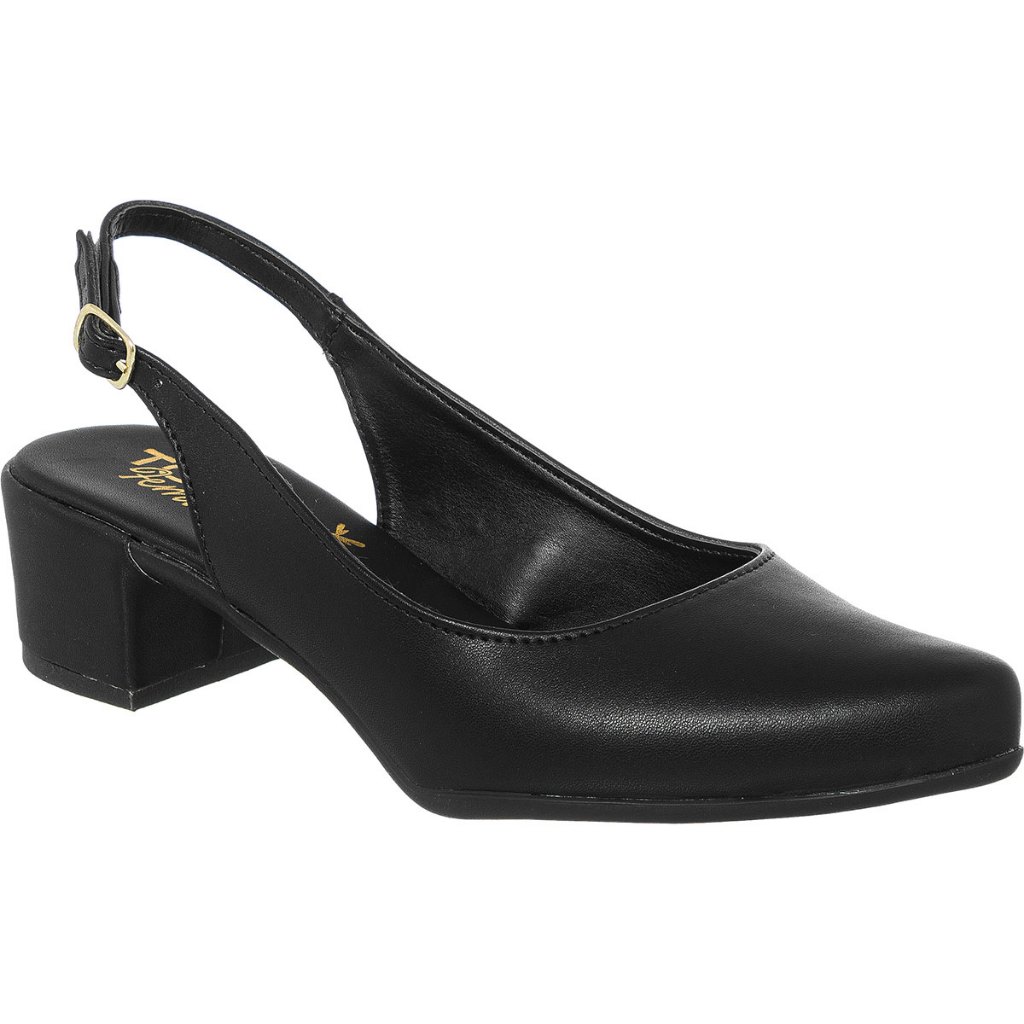 Sapato Scarpin Slingback Bico Fino Salto Baixo Bloco com Traseiro Aberto Toque Feminino Confortável