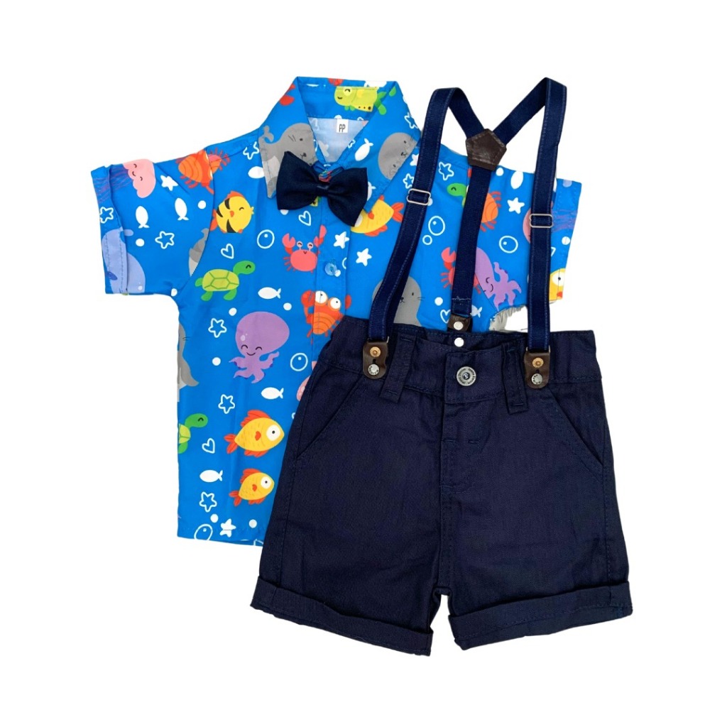 Conjunto FUNDO DO MAR festa menino infantil Camisa Gravata Bermuda e Suspensório