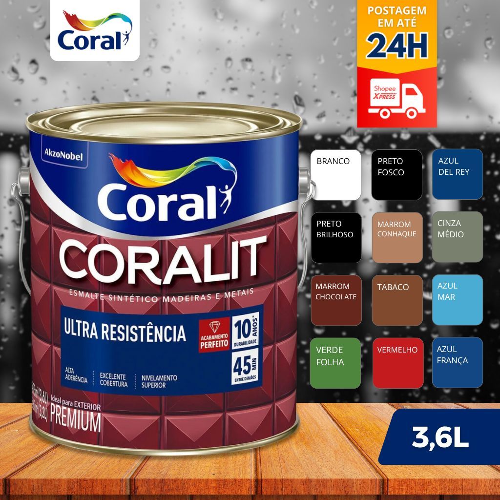 Tinta Esmalte Coralit Madeira e Metais Ultra Resistivo 3,6l em Oferta na Shopee