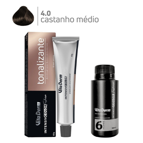 KIT TONALIZANTE PRO 4.0 CASTANHO MÉDIO 60GR + LOÇÃO REVELADORA 6 V 90ML VITA DERM