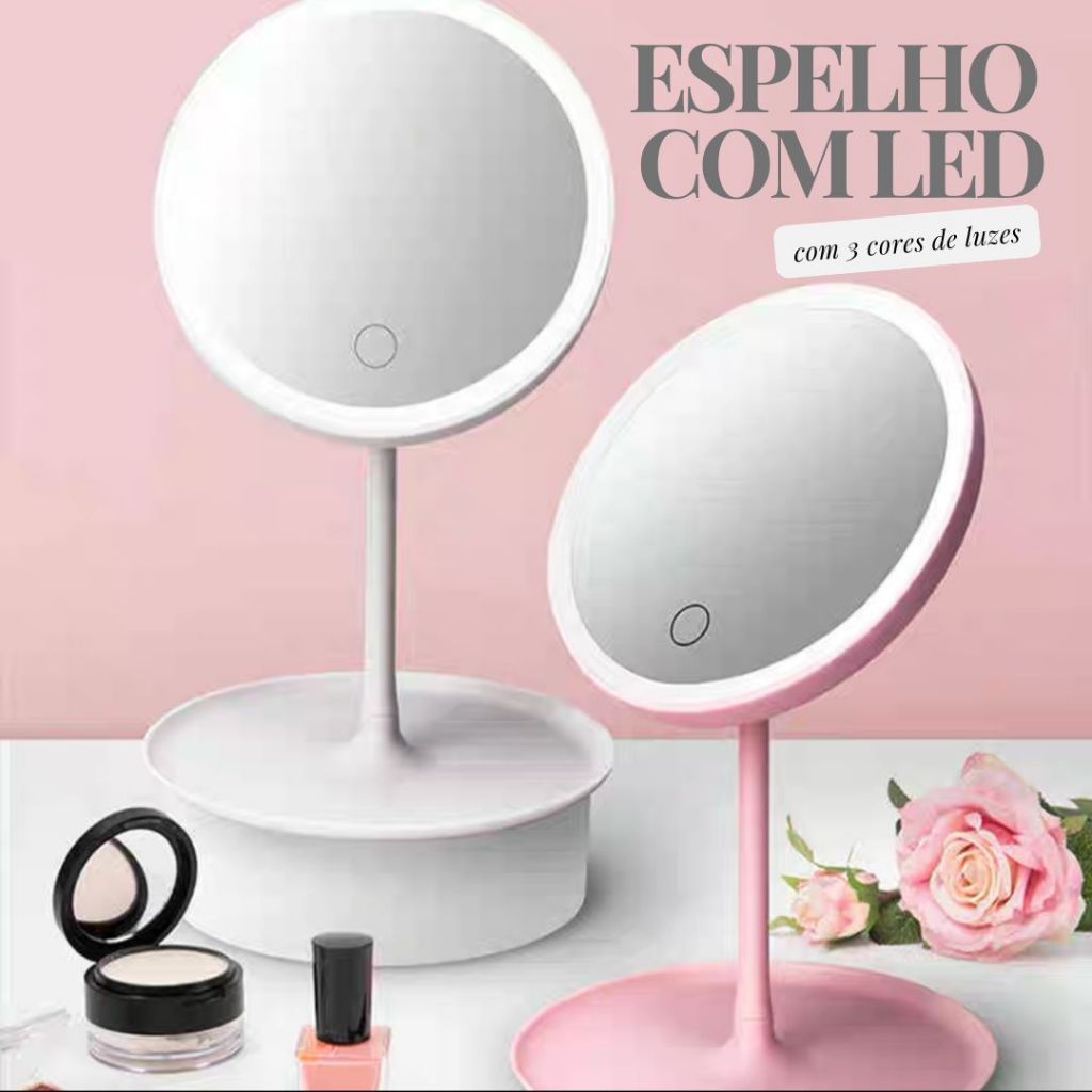 Espelho Para Maquiagem De Mesa 3 Leds Inteligente Com Luz De Portátil Dobrável Ajustável