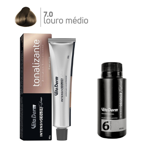 KIT TONALIZANTE PRO 7.0 LOURO MÉDIO 60GR + LOÇÃO REVELADORA 6 V 90ML VITA DERM