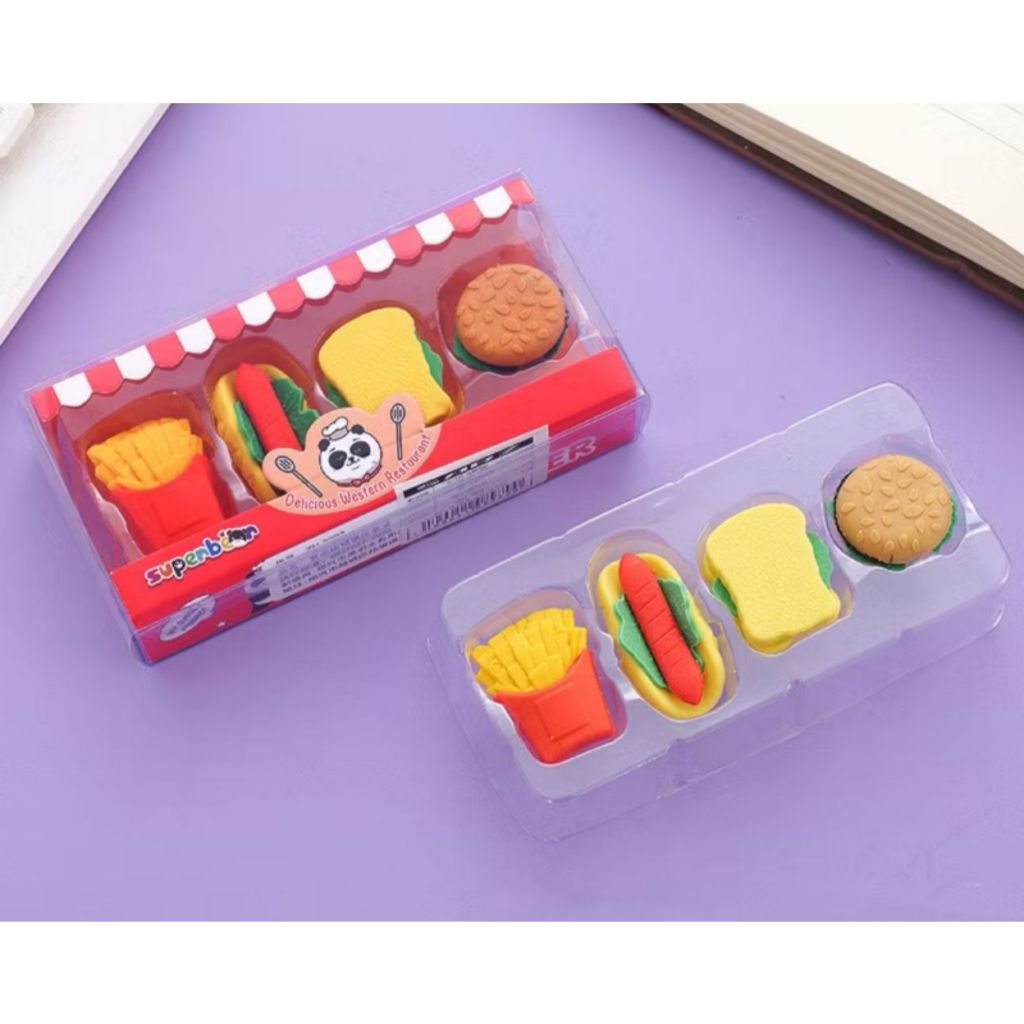 KIT 4 BORRACHAS ESCOLAR DIVERTIDAS LANCHE PAPELARIA