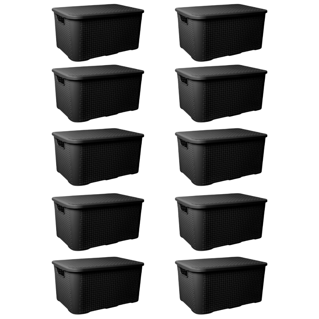10 Caixa Organizadora Cesto Multiuso 18 Litros Preto Branca Com Tampa Empilhavel Rattan