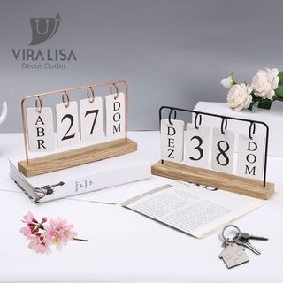 Calendário de mesa permanente com base de madeira (Vira Lisa Decor)