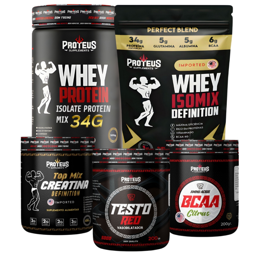 Kit Whey Protein Isolado 34g proteina 1.5kg + 300g Creatina + 200g Testo Pre Treino + 200g BCAA