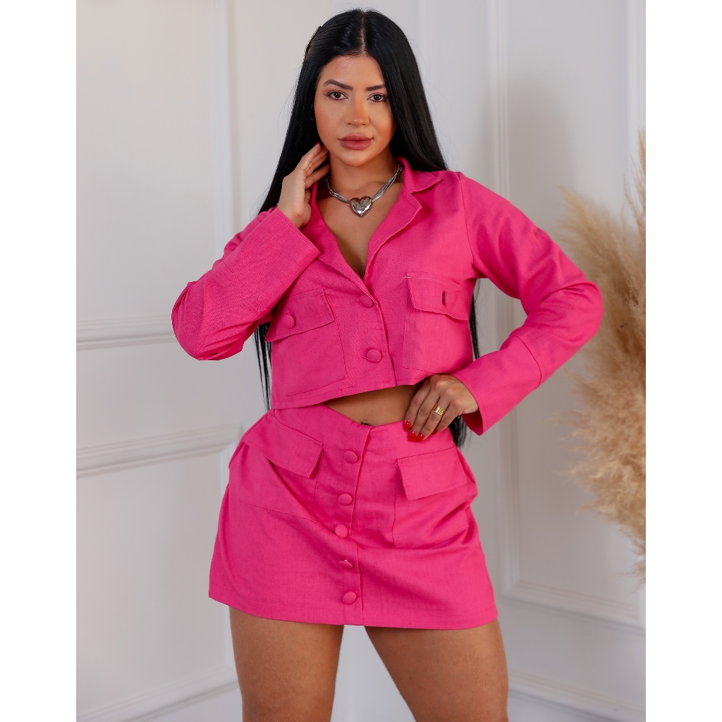 Conjunto em Linho Feminino Short Saia e Blusa Manga Longa Botões Forrados