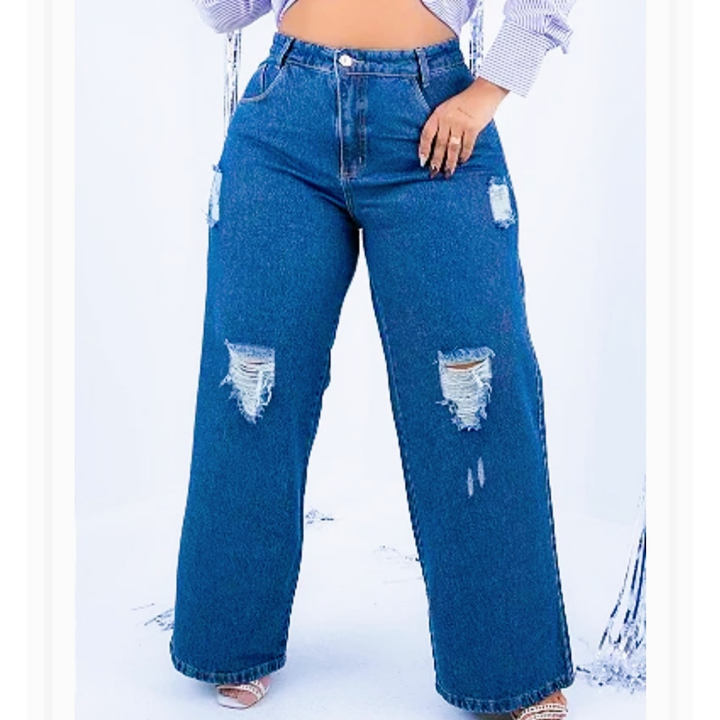 Calça Jeans Wide Leg Plus Size Wid Leg Escura Pantalona Jeans Calça Plus Rasgada